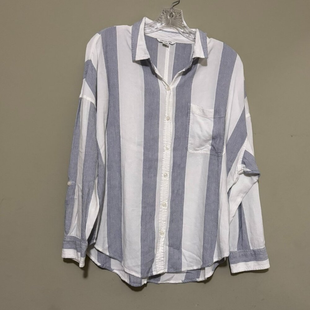 American Eagle Womens Viscose Linen Striped Button Down Shirt Top Size Medium